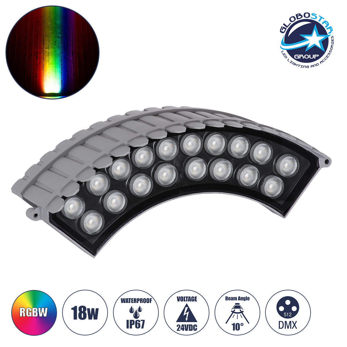 90692_01 GLOBOSTAR® TREEJINA 90692 Κυρτή Μπάρα Φωτισμού Wall Washer για Φυτά - Δέντρα LED 18W 1530lm 10° DC 24V Αδιάβροχο IP67 Πολύχρωμο RGBW Dimmable DMX512 - Bridgelux SMD Chip - Γκρι - Μ29 x Π11 x Υ10.5cm - 3 Χρόνια Εγγύηση - Image 1