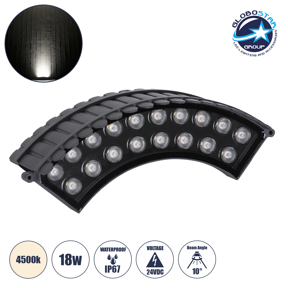 90694_1 GloboStar® TREELIGHT-JINA 90694 Κυρτή Μπάρα Φωτισμού Wall Washer με Αντιθαμβωτική Γρίλια Ειδική για Φυτά - Δέντρα LED 18W 1710lm 10° DC 24V Αδιάβροχο IP67 L29 x W11 x H10.5cm Φυσικό Λευκό 4500K - Γκρι Ανθρακί - 3 Years Warranty - Image 1