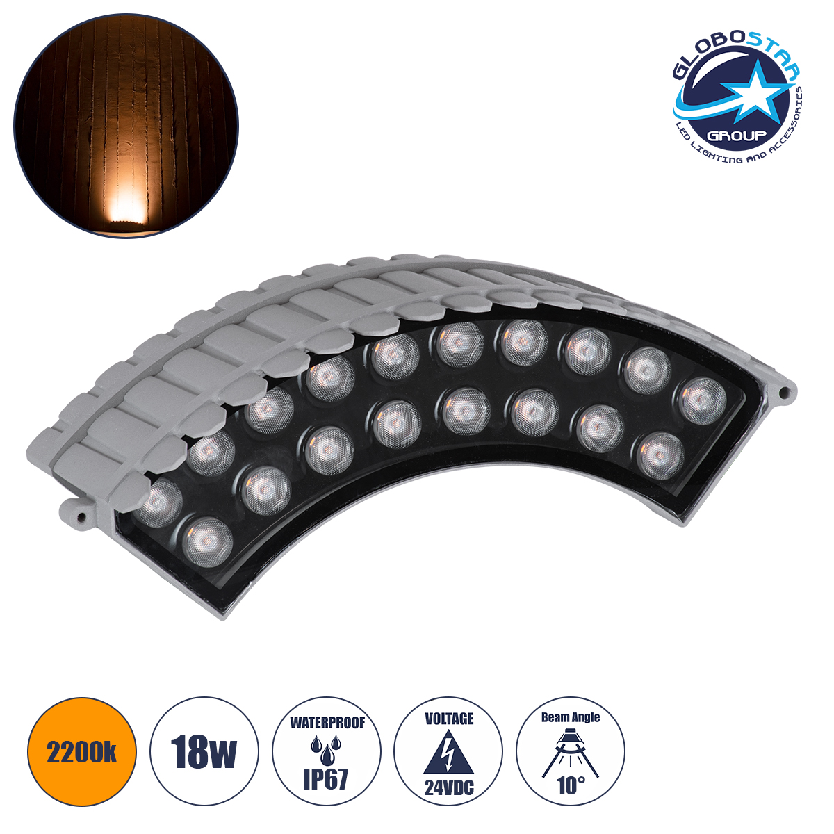 90697_1 GLOBOSTAR® TREEJINA 90697 Κυρτή Μπάρα Φωτισμού Wall Washer για Φυτά - Δέντρα LED 18W 1530lm 10° DC 24V Αδιάβροχο IP67 Ultra Θερμό Λευκό 2200K Dimmable - Bridgelux SMD Chip - Γκρι - Μ29 x Π11 x Υ10.5cm - 3 Χρόνια Εγγύηση - Image 1