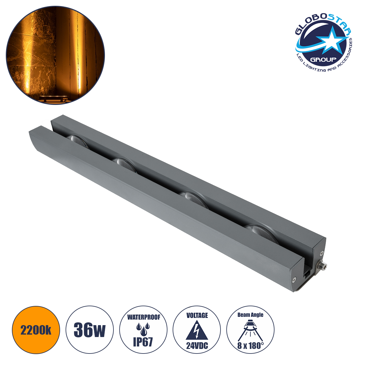 90722_1 GLOBOSTAR® WINDOWARTE 90722 Φωτιστικό Ανάδειξης Παραθύρων LED 36W 3060lm 8°x180° DC 24V Αδιάβροχο IP67 Ultra Θερμό Λευκό 2200K Dimmable - CREE XPE Chip - Γκρι Ανθρακί - Μ25 x Π7 x Υ4.5cm - 3 Χρόνια Εγγύηση - Image 1