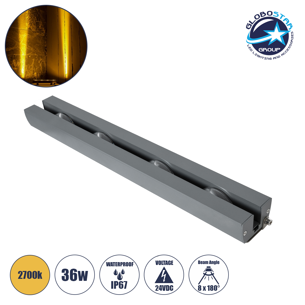 90723_1 GLOBOSTAR® WINDOWARTE 90723 Φωτιστικό Ανάδειξης Παραθύρων LED 36W 3240lm 8°x180° DC 24V Αδιάβροχο IP67 Θερμό Λευκό 2700K Dimmable - CREE XPE Chip - Γκρι Ανθρακί - Μ50 x Π7 x Υ4.5cm - 3 Χρόνια Εγγύηση - Image 1