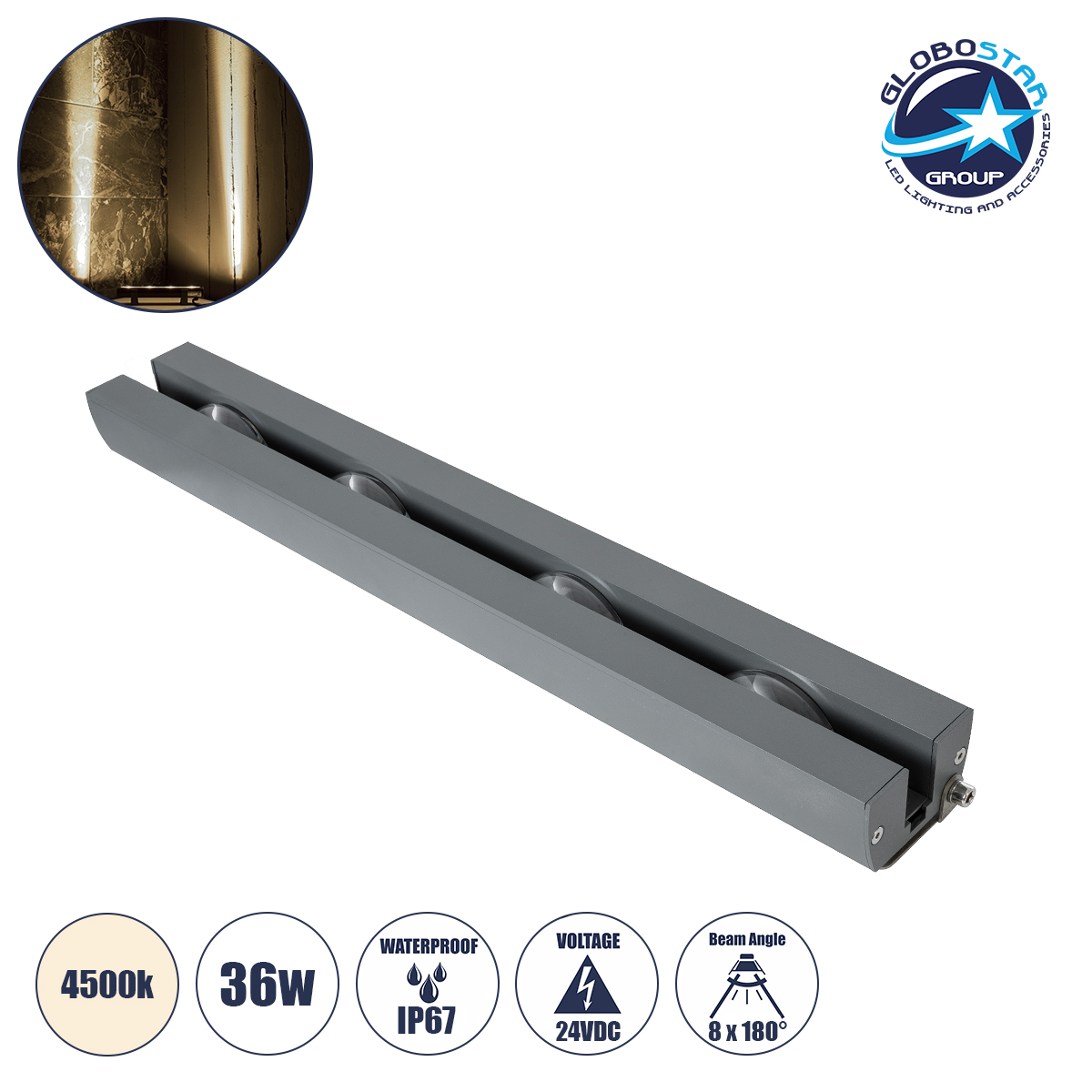 90724_1 GLOBOSTAR® WINDOWARTE 90724 Φωτιστικό Ανάδειξης Παραθύρων LED 36W 3420lm 8°x180° DC 24V Αδιάβροχο IP67 Φυσικό Λευκό 4500K Dimmable - CREE XPE Chip - Γκρι Ανθρακί - Μ50 x Π7 x Υ4.5cm - 3 Χρόνια Εγγύηση - Image 1