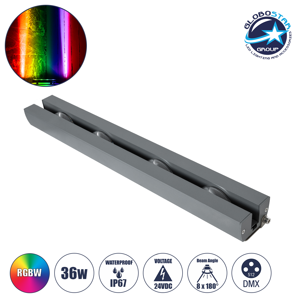 90725_1 GLOBOSTAR® WINDOWARTE 90725 Φωτιστικό Ανάδειξης Παραθύρων LED 36W 2880lm 8°x180° DC 24V Αδιάβροχο IP67 Πολύχρωμο RGBW Dimmable DMX512 - CREE XPE Chip - Γκρι Ανθρακί - Μ50 x Π7 x Υ4.5cm - 3 Χρόνια Εγγύηση - Image 1