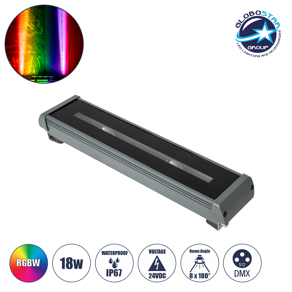 90729_1 GLOBOSTAR® WINDOWRAFI 90729 Φωτιστικό Ανάδειξης Παραθύρων LED 18W 1440lm 8°x180° DC 24V Αδιάβροχο IP67 Πολύχρωμο RGBW Dimmable DMX512 - CREE XPE Chip - Γκρι Ανθρακί - Μ30.5 x Π6.7 x Υ4.5cm - 3 Χρόνια Εγγύηση - Image 1