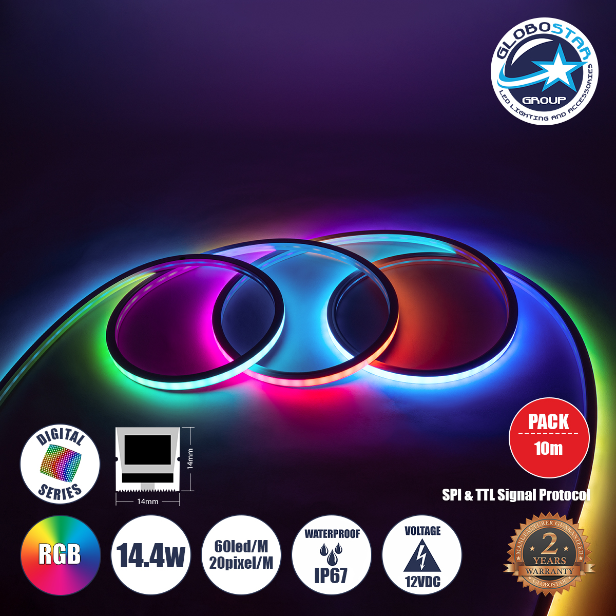 90753_1 GLOBOSTAR® NEONIO-A 90753 Ψηφιακή Pixel Addressable Ταινία Neon Flex LED 14.4W/m 864lm/m 90° DC 12V Αδιάβροχο IP65 60 x SMD5050 Chip/m 20 x Pixel/m Πολύχρωμο RGB Dimmable SPI/TTL Protocol IC SM16703P/WS2811/WS2812 - Sanan SMD Chip - Μ1000 x Π1.4 x Υ1.4cm - Ρολό 10 Μέτρων - 3 Χρόνια Εγγύηση - Image 1