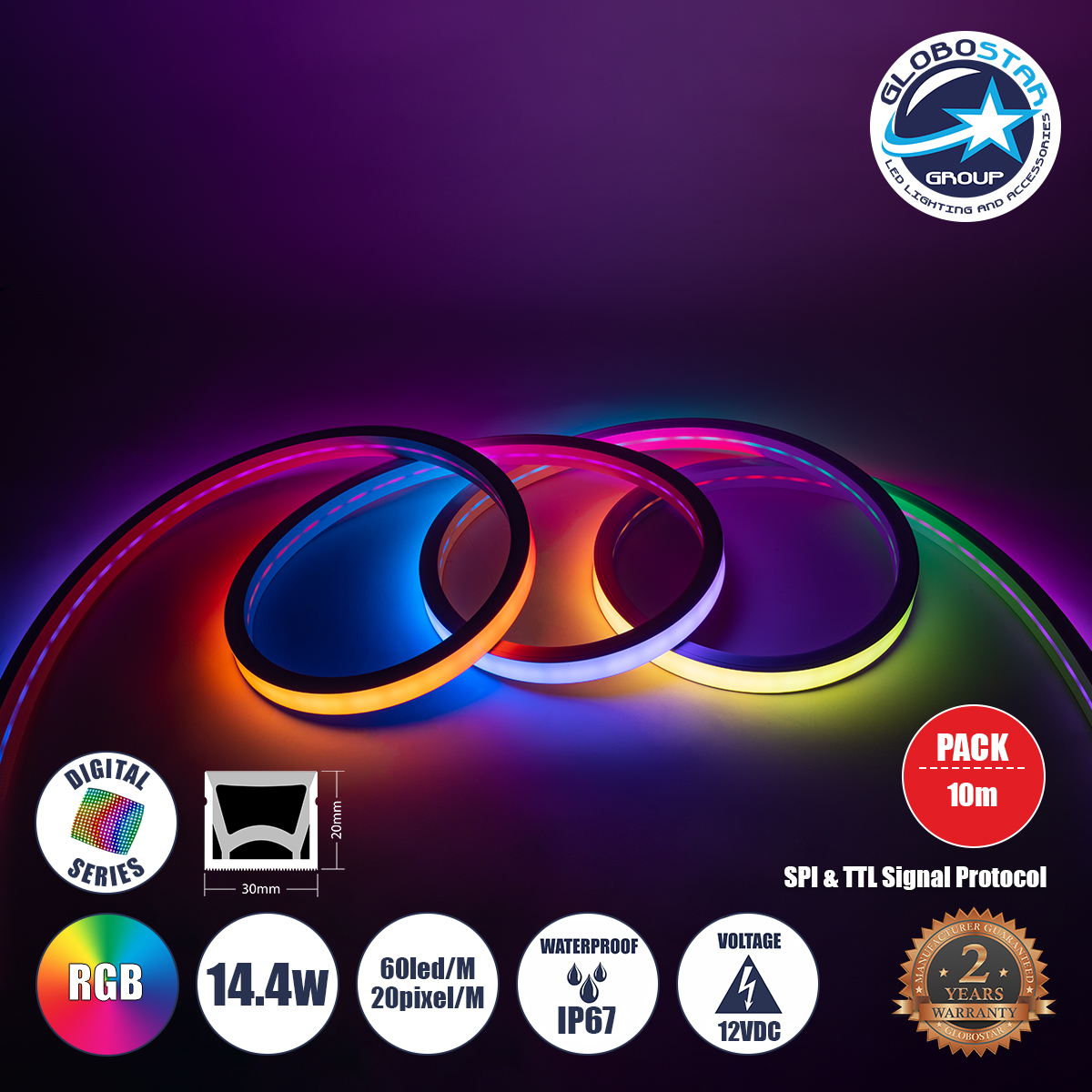 90754_1 GLOBOSTAR® NEONIO-B 90754 Ψηφιακή Pixel Addressable Ταινία Neon Flex LED 14.4W/m 864lm/m 90° DC 12V Αδιάβροχο IP65 60 x SMD5050 Chip/m 20 x Pixel/m Πολύχρωμο RGB Dimmable SPI/TTL Protocol IC SM16703P/WS2811/WS2812 - Sanan SMD Chip - Μ1000 x Π3 x Υ2cm - Ρολό 10 Μέτρων - 3 Χρόνια Εγγύηση - Image 1