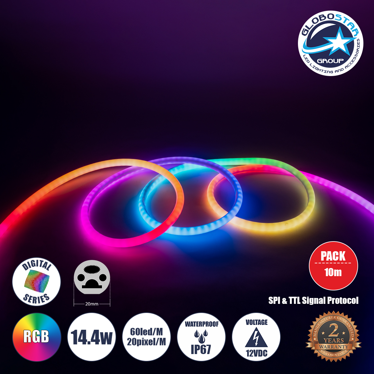 90756_1 GLOBOSTAR® NEONIO-D 90756 Ψηφιακή Pixel Addressable Ταινία Neon Flex LED 14.4W/m 864lm/m 360° DC 12V Αδιάβροχο IP65 60 x SMD5050 Chip/m 20 x Pixel/m Πολύχρωμο RGB Dimmable SPI/TTL Protocol IC SM16703P/WS2811/WS2812 - Sanan SMD Chip - Μ1000 x Π2 x Υ2cm - Ρολό 10 Μέτρων - 3 Χρόνια Εγγύηση - Image 1