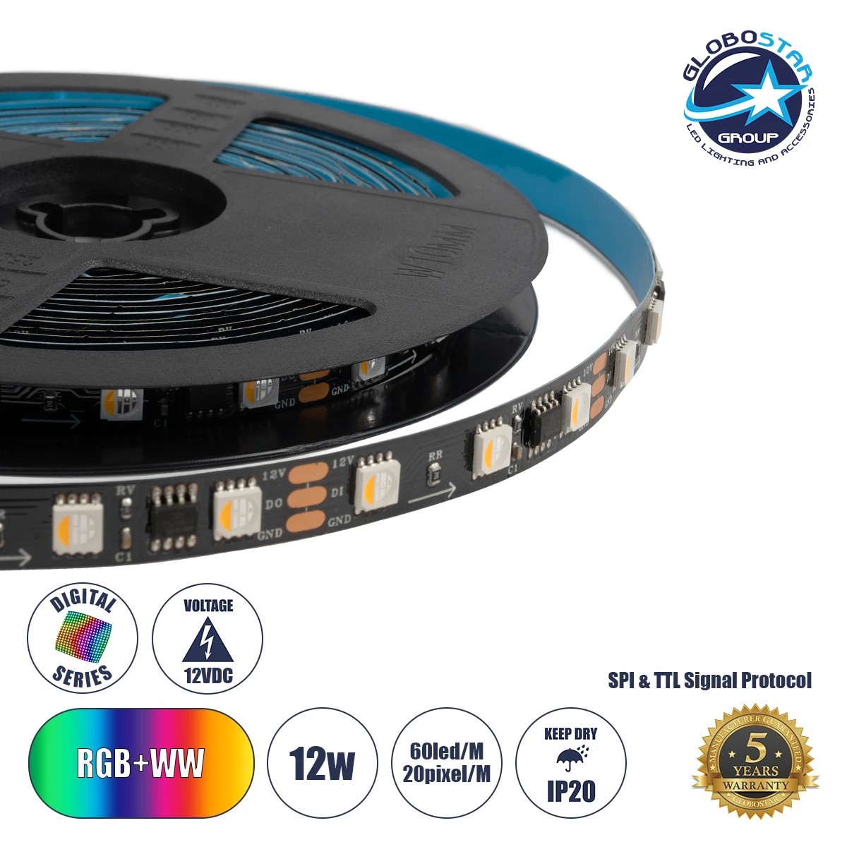 90773_1 GLOBOSTAR® DIGIPRO 90773 Ψηφιακή Pixel Addressable Ταινία LED 12W/m 1080lm/m 120° DC 12V IP20 60 x SMD5050 Chip/m 20 x Pixel/m Πολύχρωμο RGB+WW Dimmable SPI/TTL Protocol IC TM1814/UCS1912/UCS2912 - Sanan SMD Chip - Μ500 x Π1 x Υ0.2cm - Ρολό 5 Μέτρων - 5 Χρόνια Εγγύηση - Image 1