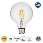 GLOBOSTAR® BUBBLE 99009 Λάμπα E27 G95 LED 4W 400lm 360° AC 220-240V IP20 Θερμό Λευκό 2700K - Long Filament Chip - Διάφανο - Μ9.5 x Π9.5 x Υ13.7cm - 3 Χρόνια Εγγύηση
