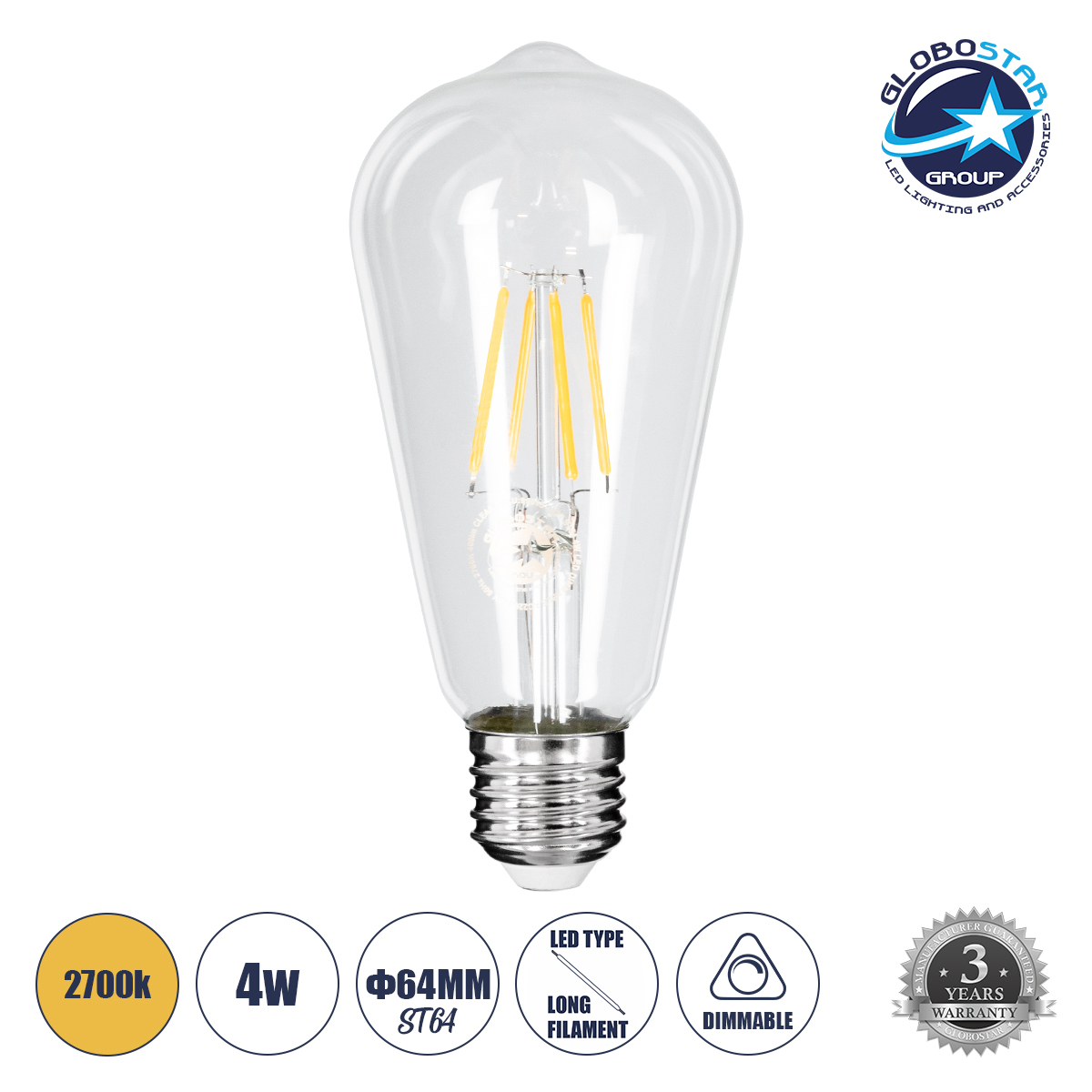 99015_1 GLOBOSTAR® PEAR 99015 Λάμπα E27 ST64 LED 4W 400lm 360° AC 220-240V IP20 Θερμό Λευκό 2700K Dimmable - Long Filament Chip - Διάφανο - Μ6.4 x Π6.4 x Υ14cm - 3 Χρόνια Εγγύηση - Image 1