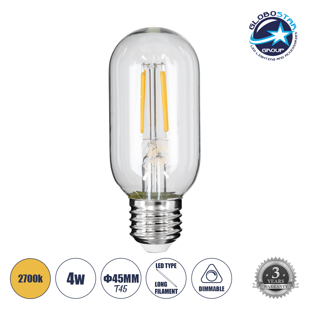 99018_01 GLOBOSTAR® TUBIS 99018 Λάμπα Σωλήνας E27 T45 LED 4W 400lm 360° AC 220-240V IP20 Θερμό Λευκό 2700K Dimmable - Long Filament Chip - Διάφανο - Μ4.5 x Π4.5 x Υ11cm - 3 Χρόνια Εγγύηση - Image 1