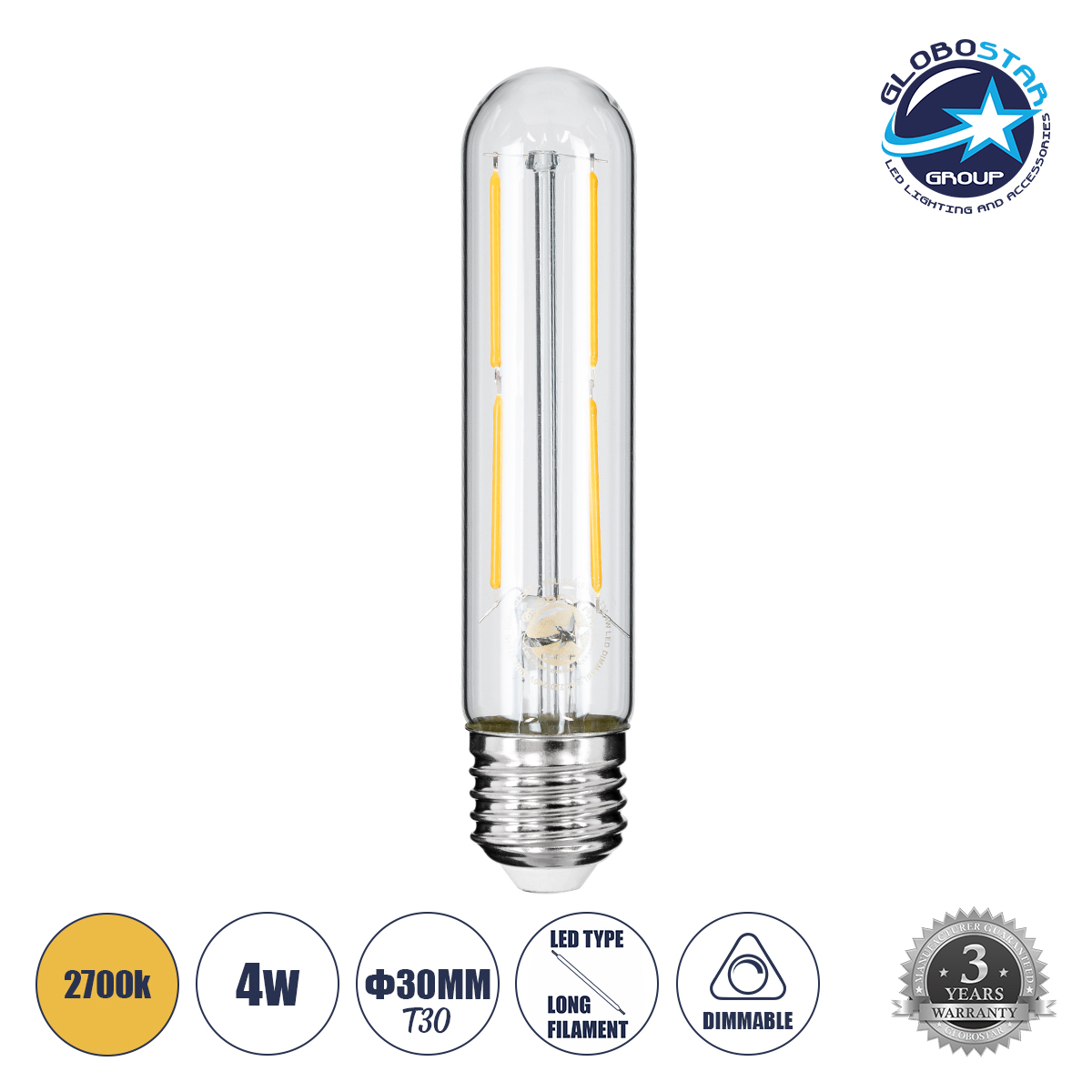 99019_01 GLOBOSTAR® TUBIS 99019 Λάμπα Σωλήνας E27 T30 LED 4W 400lm 360° AC 220-240V IP20 Θερμό Λευκό 2700K Dimmable - Long Filament Chip - Διάφανο - Μ3 x Π3 x Υ13.5cm - 3 Χρόνια Εγγύηση - Image 1