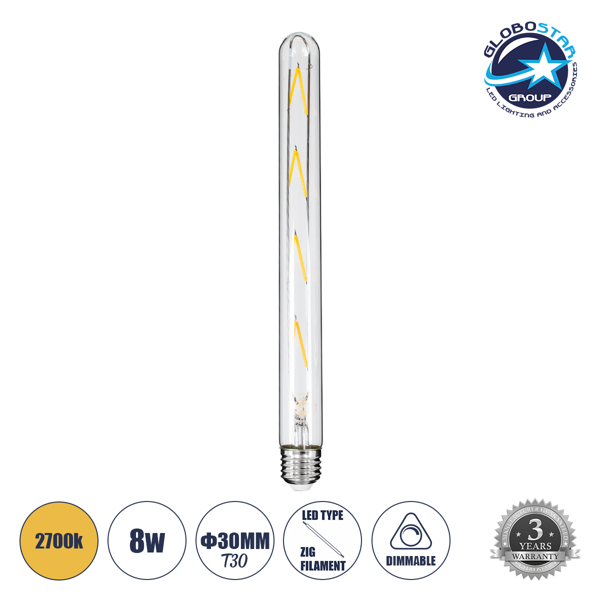 99020_1 GLOBOSTAR® TUBIS 99020 Λάμπα Σωλήνας E27 T30 LED 8W 800lm 360° AC 220-240V IP20 Θερμό Λευκό 2700K Dimmable - Long Filament Chip - Διάφανο - Μ3 x Π3 x Υ30cm - 3 Χρόνια Εγγύηση - Image 1