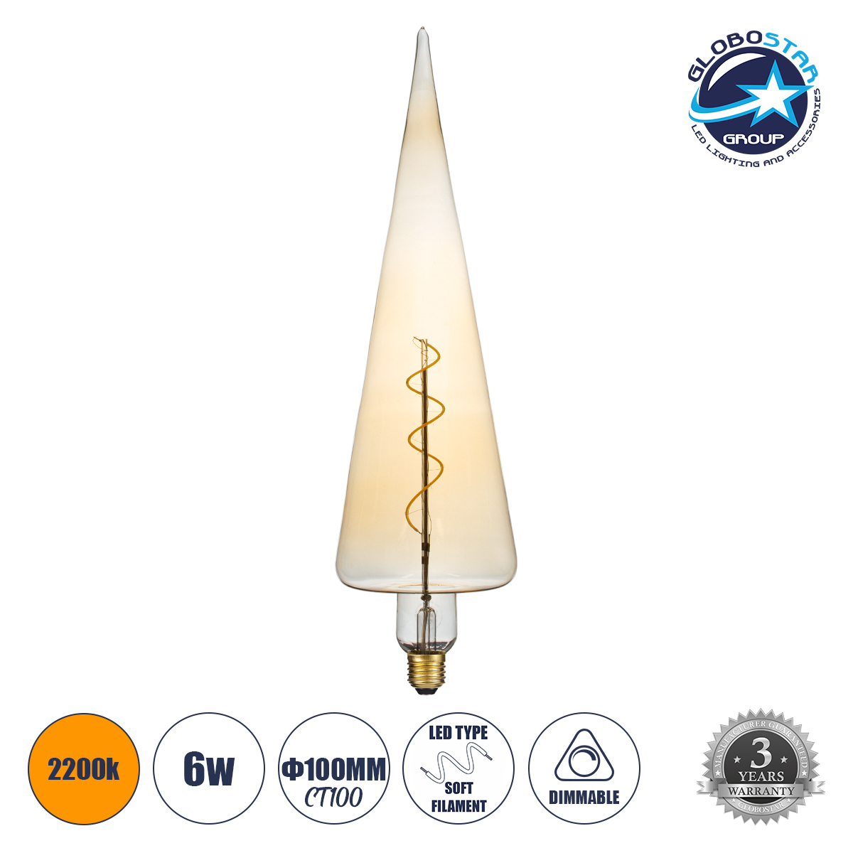 99023_01 GLOBOSTAR® SPEAR 99023 Λάμπα E27 CT100 LED 6W 420lm 360° AC 220-240V IP20 Ultra Θερμό Λευκό 2200K Dimmable - Soft S Spiral Filament Chip - Μελί - Μ10 x Π10 x Υ28cm - 3 Χρόνια Εγγύηση - Image 1