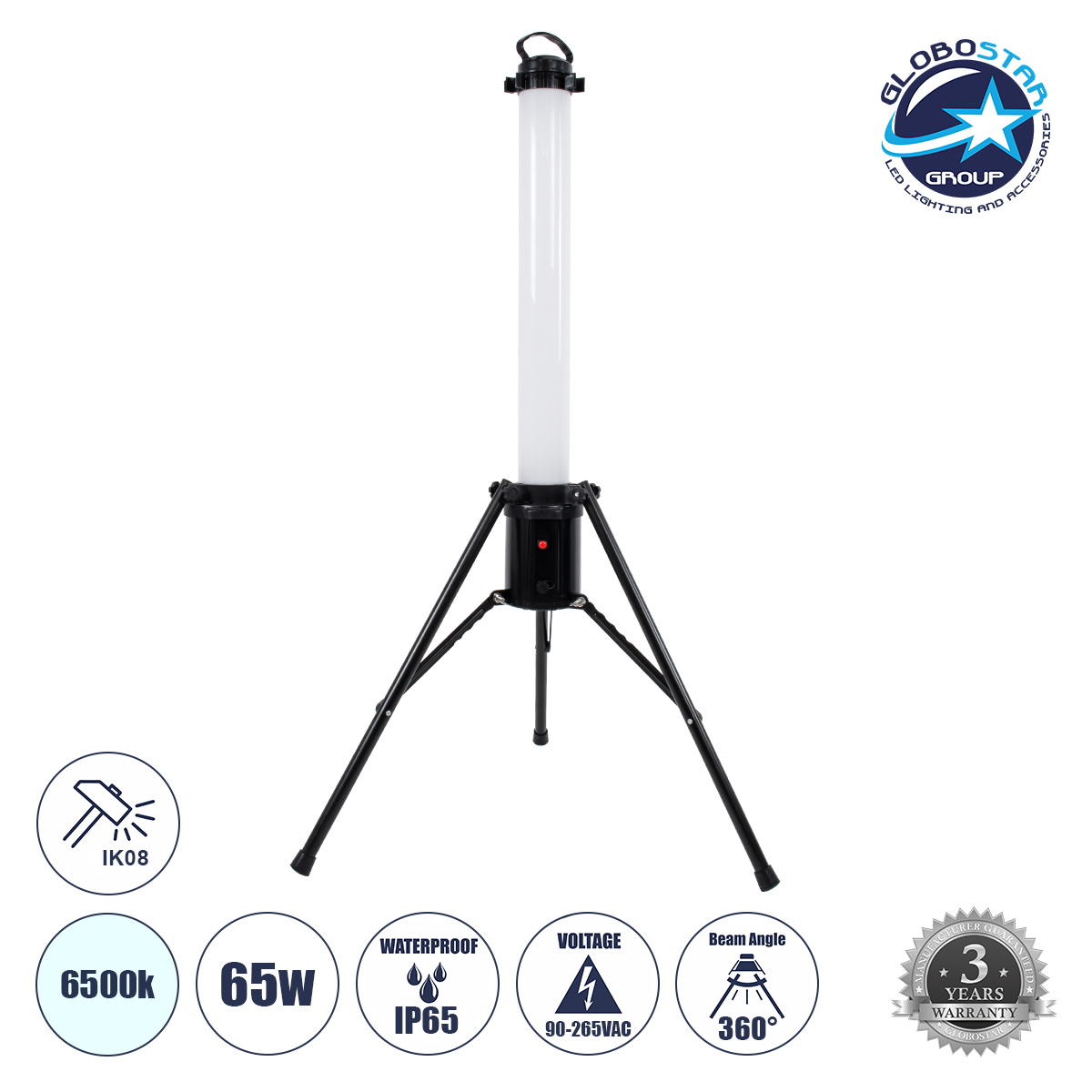 99051_1 GLOBOSTAR® WORKINGLIGHT 99051 Προβολέας Εργασίας με Τρίποδο LED 65W 6000lm 360° AC 220-240V Αδιάβροχο IP65 IK08 Ψυχρό Λευκό 6000K - Sanan SMD Chip - Λευκό Γαλακτερό - Μ70 x Π70 x Υ130cm - 3 Χρόνια Εγγύηση - Image 1