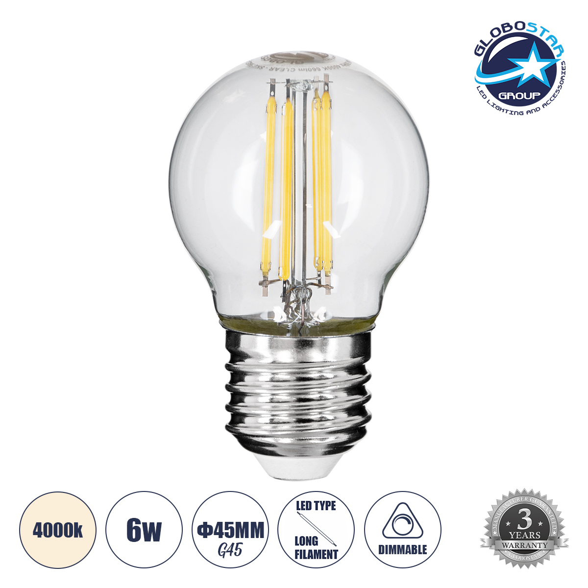 99052_01 GLOBOSTAR® SPHERE 99052 Λάμπα E27 G45 LED 6W 660lm 360° AC 220-240V IP20 Φυσικό Λευκό 4500K Dimmable - Long Filament Chip -Διάφανο - Μ4.5 x Π4.5 x Υ7.5cm - 3 Χρόνια Εγγύηση - Image 1