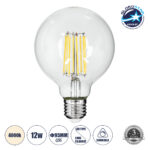 GLOBOSTAR® BUBBLE 99054 Λάμπα E27 G95 LED 12W 1320lm 360° AC 220-240V IP20 Φυσικό Λευκό 4500K Dimmable - Long Filament Chip - Διάφανο - Μ9.5 x Π9.5 x Υ13.5cm - 3 Χρόνια Εγγύηση