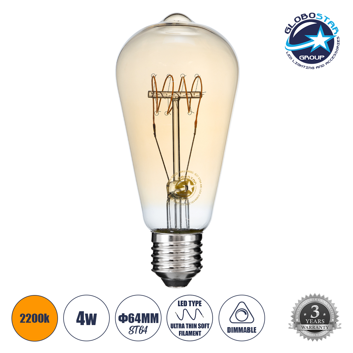 99082_001 GLOBOSTAR® PEAR 99082 Λάμπα E27 ST64 LED 4W 280lm 360° AC 220-240V IP20 Ultra Θερμό Λευκό 2200K Dimmable - Ultra Thin Soft T Spiral Filament Chip - Μελί - Μ6.4 x Π6.4 x Υ14cm - 3 Χρόνια Εγγύηση - Image 1