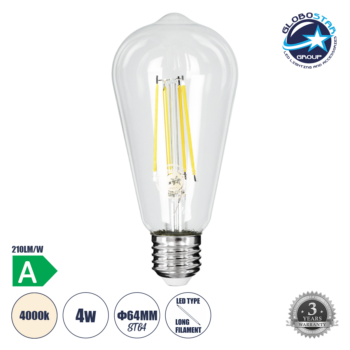 99094_01 GLOBOSTAR® PEAR 99094 Λάμπα E27 ST64 LED 4W 840lm 360° AC 220-240V IP20 Φυσικό Λευκό 4500K - Long Filament Chip - Διάφανο - Μ6.4 x Π6.4 x Υ14.5cm - 3 Χρόνια Εγγύηση - Image 1