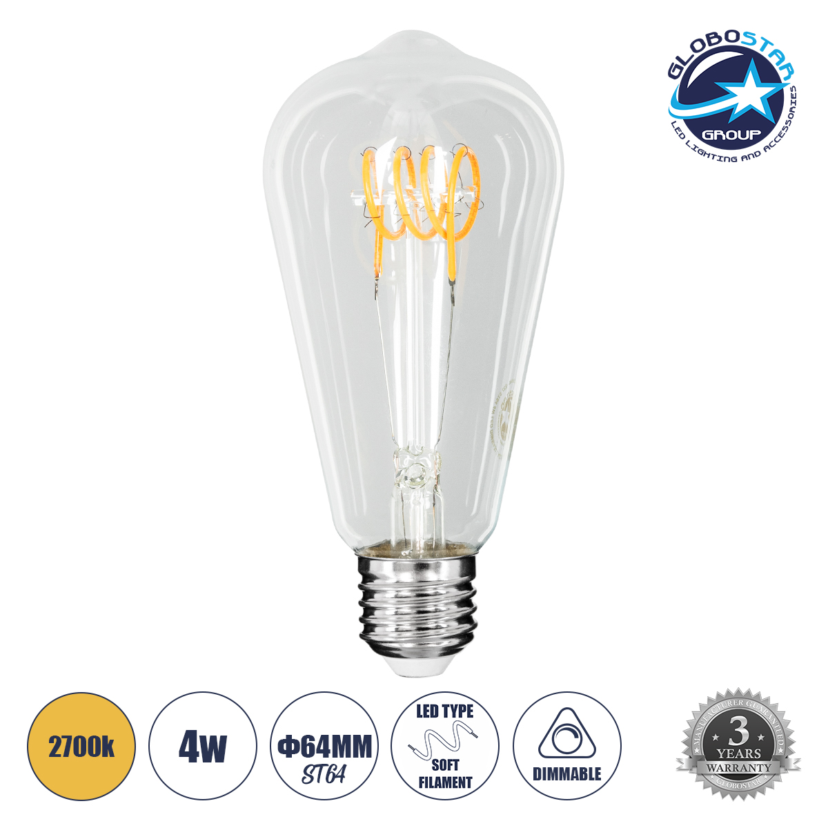 99140_1 GLOBOSTAR® PEAR 99140 Λάμπα E27 ST64 LED 4W 300lm 360° AC 220-240V IP20 Θερμό Λευκό 2700K Dimmable - Soft T Spiral Filament Chip - Διάφανο - Μ6.4 x Π6.4 x Υ14cm - 3 Χρόνια Εγγύηση - Image 1