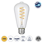 GLOBOSTAR® PEAR 99143 Λάμπα E27 ST64 LED 4W 300lm 360° AC 220-240V IP20 Θερμό Λευκό 2700K Dimmable - Soft S Spiral Filament Chip - Διάφανο - Μ6.4 x Π6.4 x Υ14cm - 3 Χρόνια Εγγύηση