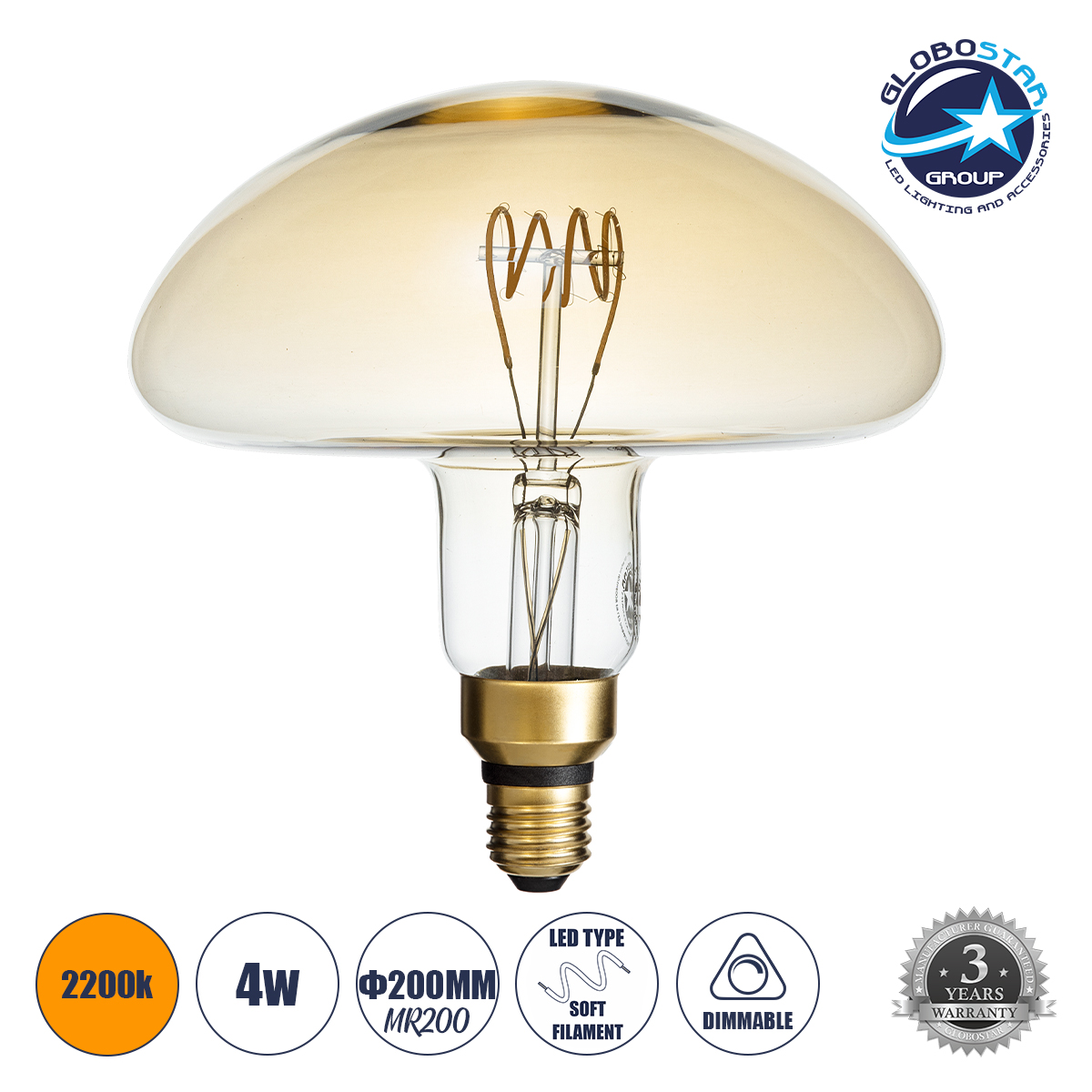 99173_1 GLOBOSTAR® MUSHROOM 99173 Λάμπα E27 MR200 LED 4W 280lm 360° AC 220-240V IP20 Ultra Θερμό Λευκό 2200K Dimmable - Soft T Spiral Filament Chip - Μελί - Μ20 x Π20 x Υ20cm - 3 Χρόνια Εγγύηση - Image 1