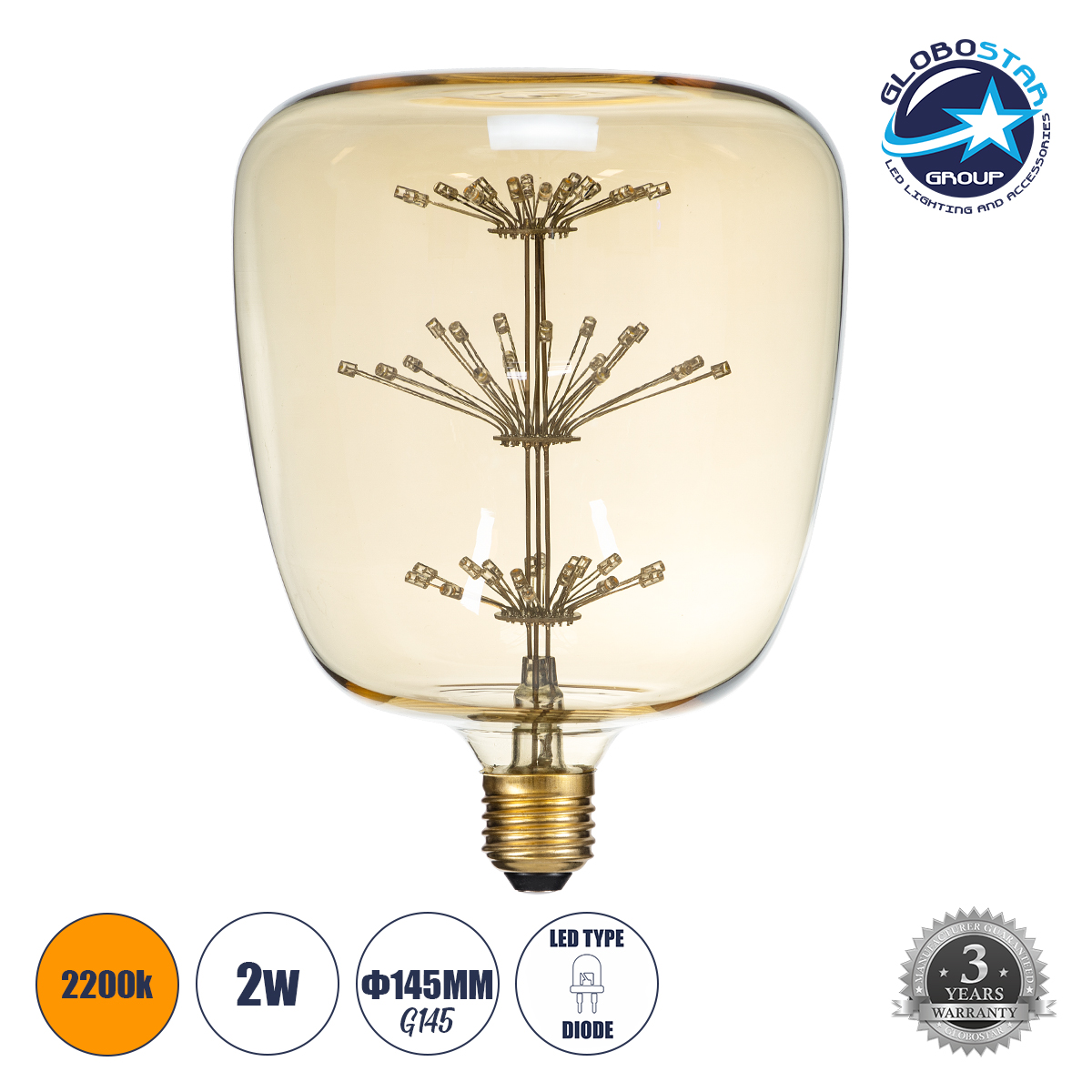 99209_01 GLOBOSTAR® BARREL 99209 Λάμπα E27 G145 LED 1.6W 140lm 360° AC 220-240V IP20 Ultra Θερμό Λευκό 2200K - Diode HP Filament Chip - Μελί - Μ14.5 x Π14.5 x Υ19cm - 3 Χρόνια Εγγύηση - Image 1