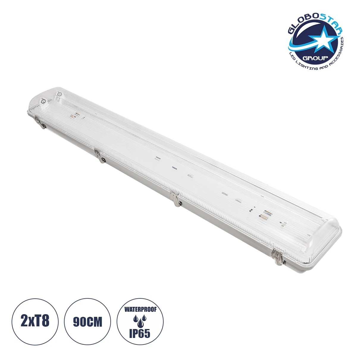 999_0250_1 GLOBOSTAR® VIGAS 999-0250 Γραμμικό Βιομηχανικό Φωτιστικό Σκαφάκι Tri-Proof με Μεταλλικά Clips για 2 x Λάμπες T8 G13 90cm Τύπου Φθορίου LED Τροφοδοσίας Ενός Άκρου 120° AC 220-240V Αδιάβροχο IP65 - Γκρι με Διάφανο Κάλυμμα Πλαστικό PC - Μ100 x Π15 x Υ10cm - Image 1