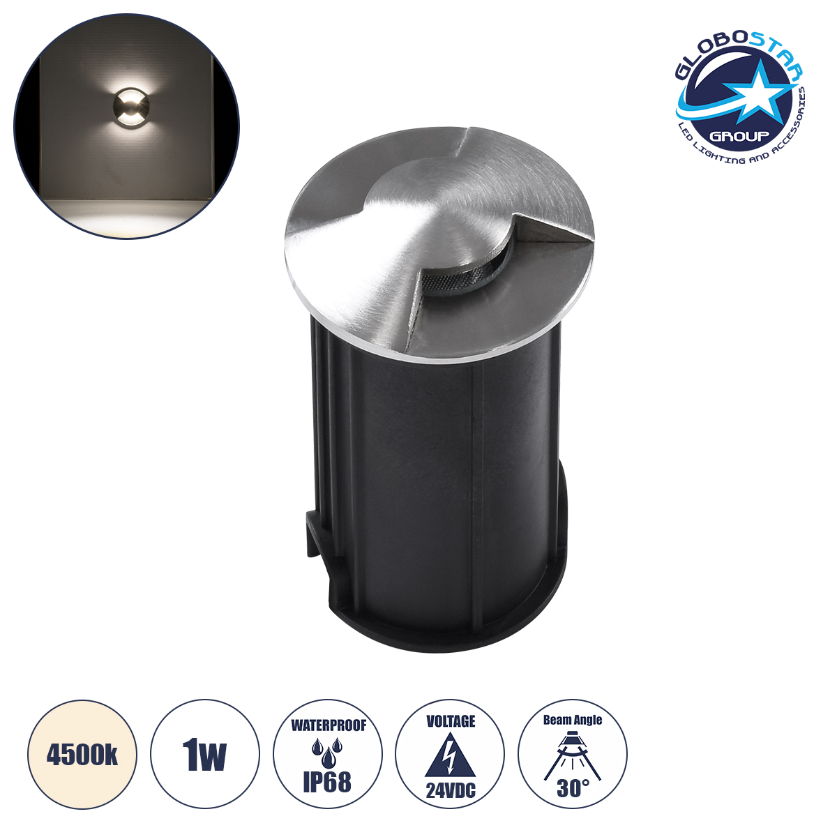b9e837_90661_11 GLOBOSTAR® UNDERGROUNDRENA 90663 Χωνευτό Αρχιτεκτονικο Φωτιστικό Σποτ Δαπέδου LED 1W 115lm 30°+30° DC 24V Αδιάβροχο IP68 Φυσικό Λευκό 4500K Dimmable - Bridgelux SMD Chip - Ανοξείδωτο Ατσάλι SS304 - Μ5 x Π5 x Υ9cm / Q4.2cm - 3 Χρόνια Εγγύηση - Image 1