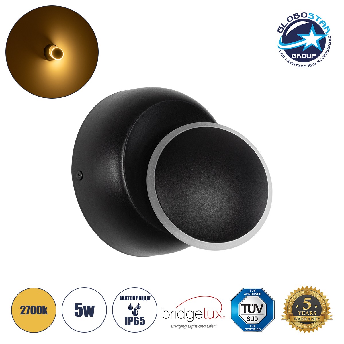 d46e47_60675_1 GLOBOSTAR® TSUKI 60675 Μοντέρνο Φωτιστικό Τοίχου - Απλίκα LED 5W 625lm 180° AC 220-240V Αδιάβροχο IP65 Θερμό Λευκό 2700K - Bridgelux COB Chip & TÜV SÜD Driver - Μαύρο Ματ - Μ14 x Π8.5 x Υ14cm - 5 Χρόνια Εγγύηση - Image 1