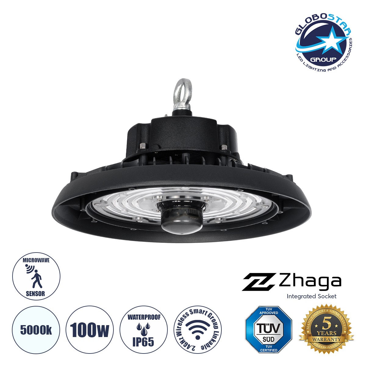 d4eed0_61704_01 GLOBOSTAR® INDUSTRY 61704 Βιομηχανικό Φωτιστικό Καμπάνα High Bay UFO Τεχνολογίας Smart Group Linkable Control System 2.4Ghz με Αισθητήρα Κίνησης Microwave LED 100W 15000lm SDCM<5 90° AC 85-265V Αδιάβροχο IP65 IK08 Φυσικό Λευκό 5000K - 175 x Sanan Opto SMD Chip & TÜV SÜD Driver - Μαύρο Χυτό Αλουμίνιο - Μ26.5 x Π26.5 x Υ15cm - 5 Χρόνια Εγγύηση - Image 1