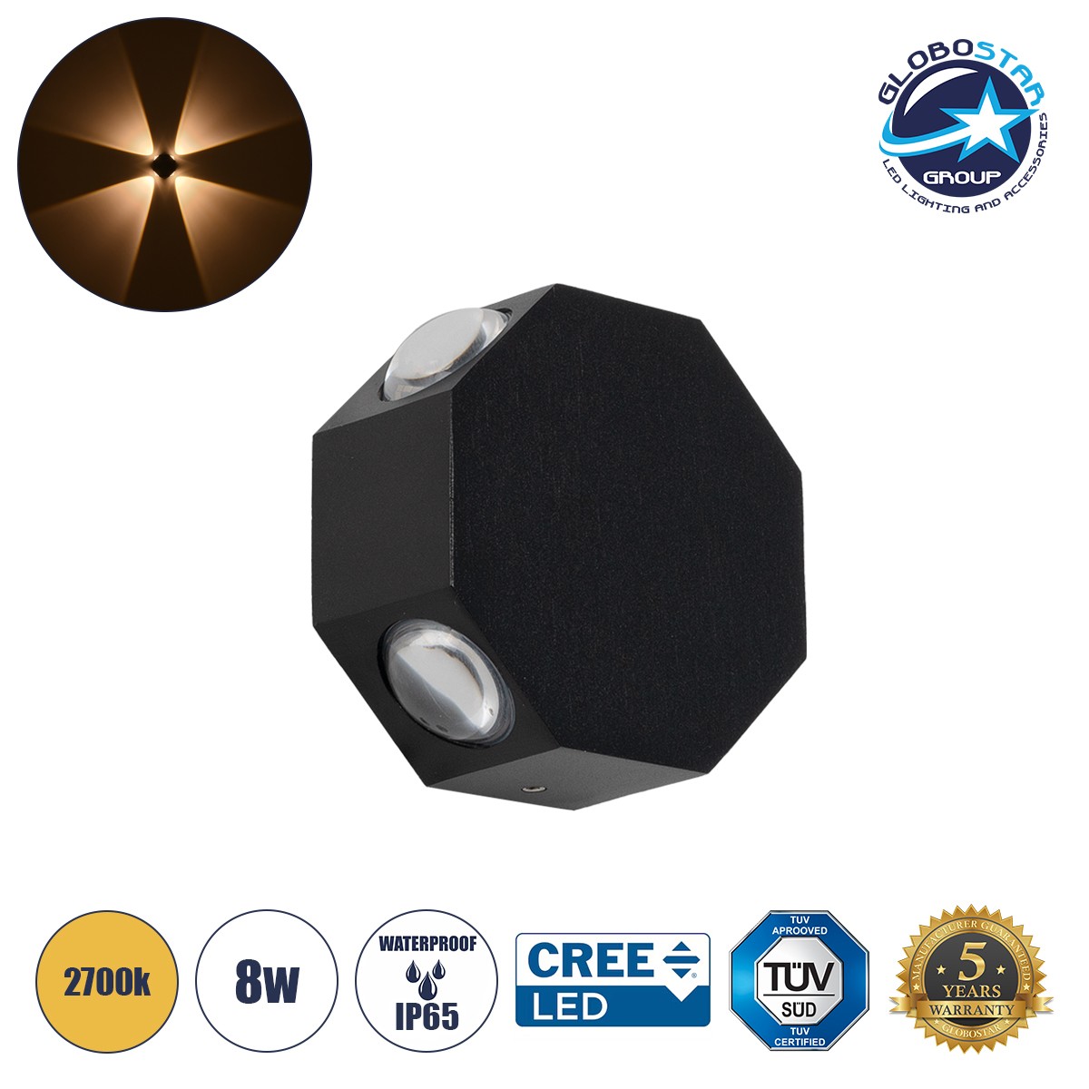 ea1e10_60687_1 GLOBOSTAR® HIKARI 60687 Μοντέρνο Φωτιστικό Τοίχου - Απλίκα LED 8W 1000lm 30° AC 220-240V Αδιάβροχο IP65 Θερμό Λευκό 2700K - CREE XPE Chip & TÜV SÜD Driver - Μαύρο Ματ - Μ10 x Π4 x Υ10cm - 5 Χρόνια Εγγύηση - Image 1