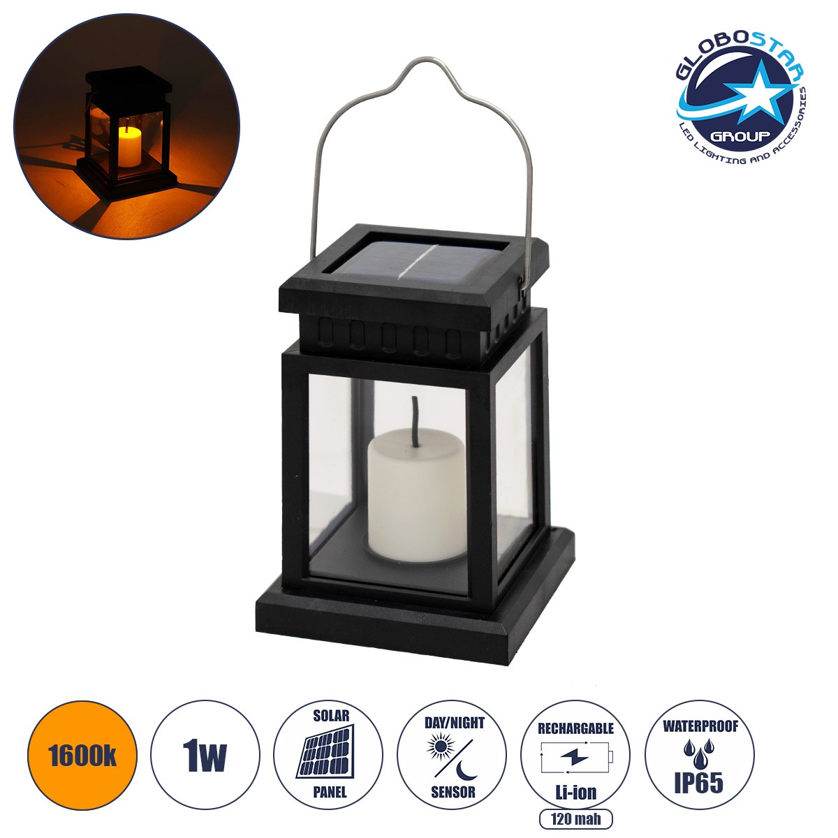 ee9817_71506_01 GLOBOSTAR® LANTERNIA 71506 Διακοσμητικό Φαναράκι LED 1W 50lm 180° DC 5V με Φωτοβολταϊκό Panel 5V 0.1W & Επαναφορτιζόμενη Μπαταρία Li-ion 3.2V 120mAh Αδιάβροχο IP65 Ultra Θερμό Λευκό 1600K - Μ9 x Π9 x Υ12.5cm - 1 Χρόνο Εγγύηση - Image 1