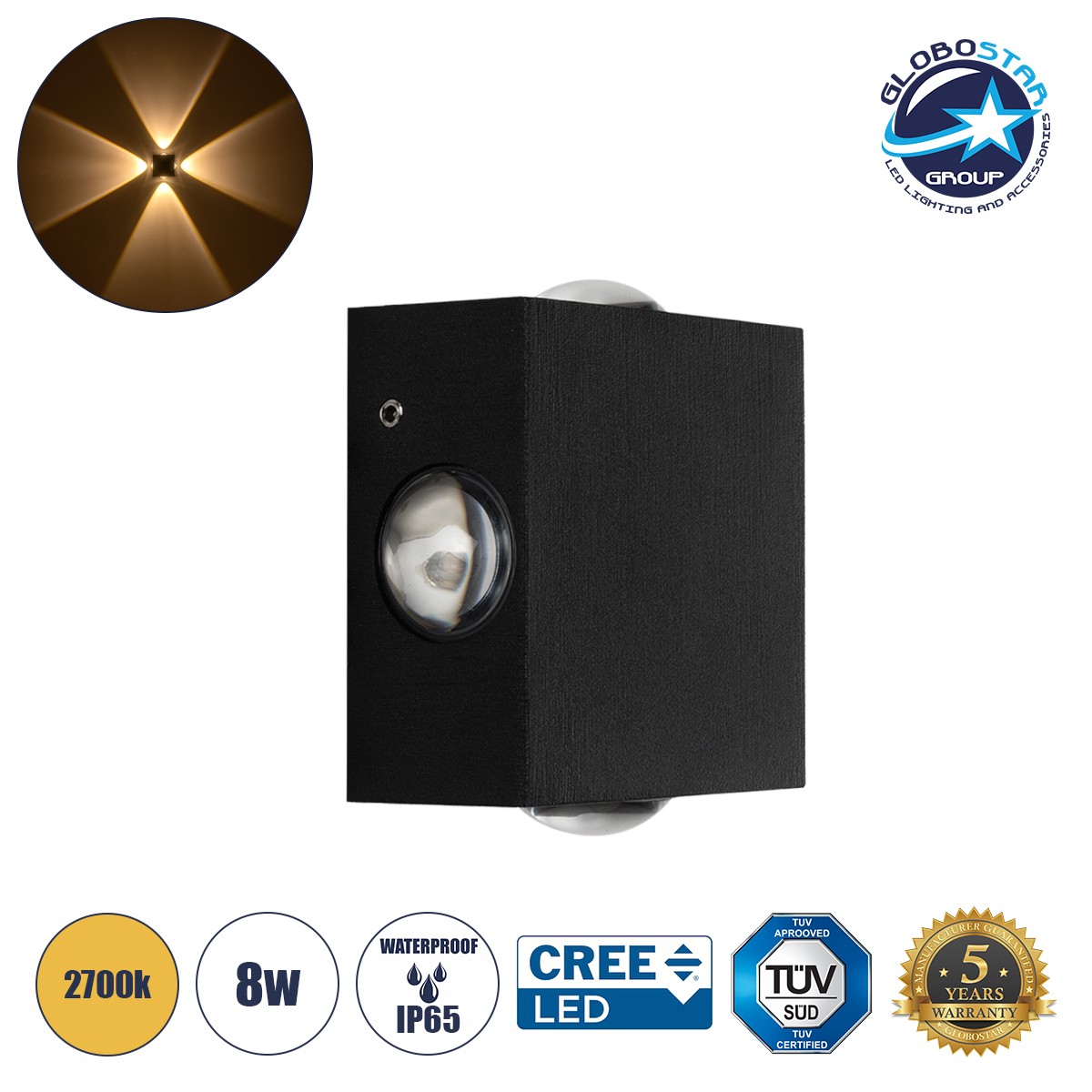 f9307f_60686_1 GLOBOSTAR® HIKARI 60686 Μοντέρνο Φωτιστικό Τοίχου - Απλίκα LED 8W 1000lm 30° AC 220-240V Αδιάβροχο IP65 Θερμό Λευκό 2700K - CREE XPE Chip & TÜV SÜD Driver - Μαύρο Ματ - Μ9 x Π4 x Υ9cm - 5 Χρόνια Εγγύηση - Image 1