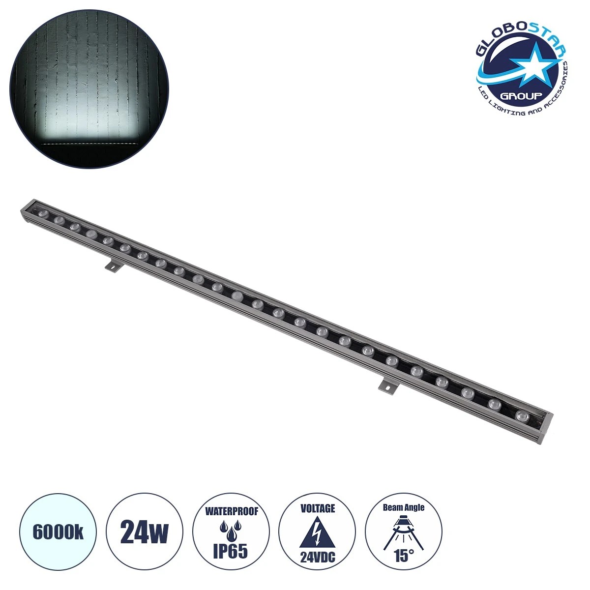 s_90093_1 GLOBOSTAR® WASHERFAIA S-90093 Μπάρα Φωτισμού Wall Washer LED 24W 2880lm 15° DC 24V Αδιάβροχο IP65 Ψυχρό Λευκό 6000K Dimmable - Bridgelux SMD Chip - Ασημί - Μ100 x Π4 x Υ6.1cm - 3 Χρόνια Εγγύηση - Image 1