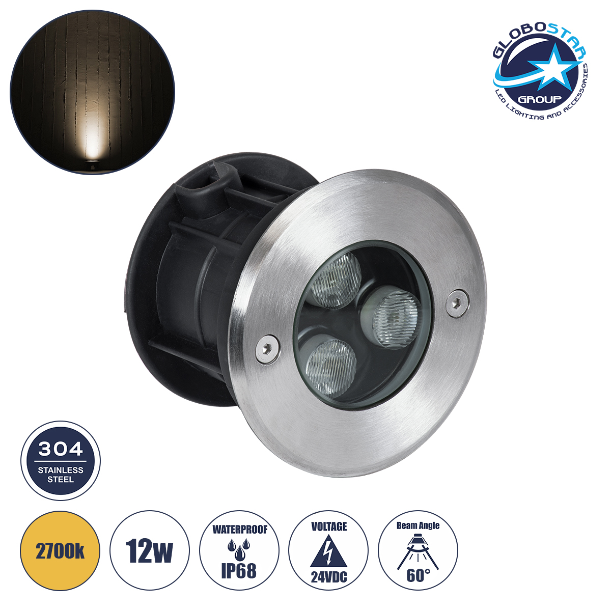 s_90979_1 GloboStar® UNDERGROUND-FANI S-90979 Χωνευτό Φωτιστικό Σποτ Δαπέδου LED 12W 1080lm 60° DC 24V Αδιάβροχο IP68 Φ10 x Υ7.5cm Θερμό Λευκό 2700K - Ανοξείδωτο Ατσάλι - Image 1