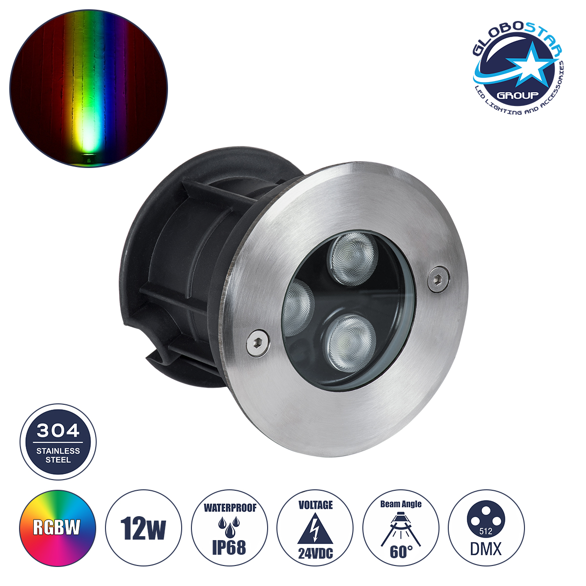 s_90981_1 GloboStar® UNDERGROUND-FANI S-90981 Χωνευτό Φωτιστικό Σποτ Δαπέδου LED 12W 1020lm 60° DC 24V Αδιάβροχο IP68 Φ10 x Υ7.5cm RGBW DMX512 - Ανοξείδωτο Ατσάλι - Image 1