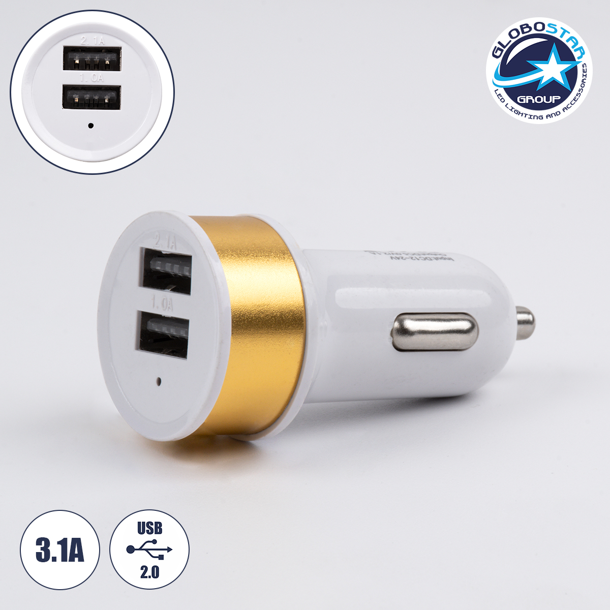 s_90990_1 Globostar® S-90990 Χρυσός Φορτιστής Αυτοκινήτου DC 12-24V με 2 Εξόδους USB DC 5V 1.0Α & 2.1A - Image 1
