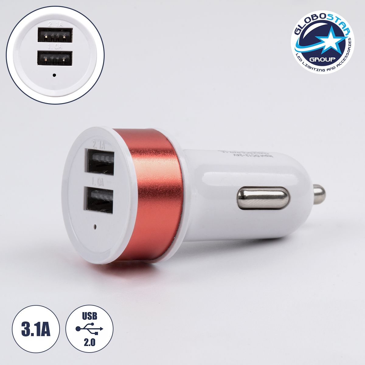 s_90991_1 Globostar® S-90991 Ροζ Φορτιστής Αυτοκινήτου DC 12-24V με 2 Εξόδους USB DC 5V 1.0Α & 2.1A - Image 1