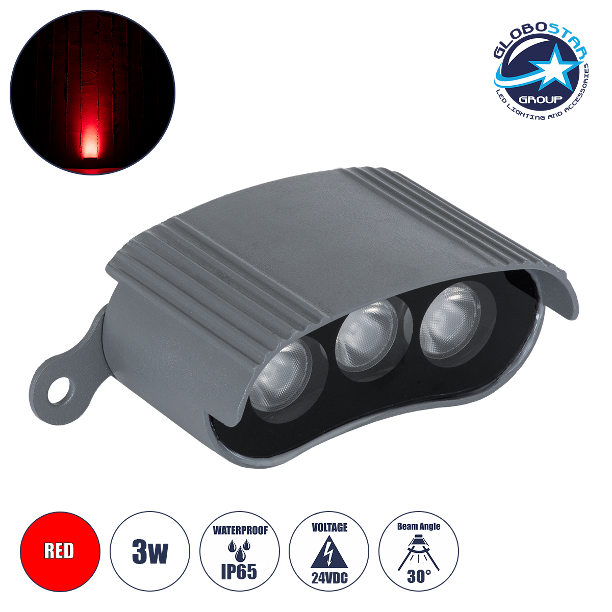 s_90998_01 GLOBOSTAR® TREELIGHT-ZINA S-90998 Κυρτή Μπάρα Φωτισμού Wall Washer για Φυτά - Δέντρα LED 3W 240lm 30° DC 24V Αδιάβροχο IP65 Κόκκινο Dimmable - Γκρι Ανθρακί - Μ9 x Π6.5 x Υ4cm - 3 Χρόνια Εγγύηση - Image 1