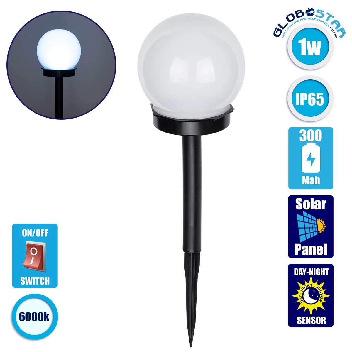71472_1 GLOBOSTAR® SOLARGLOBE 71472 Διακοσμητικό Φωτιστικό Κήπου LED 1W 50lm 240° DC 5V με Φωτοβολταϊκό Panel 5V 0.1W & Επαναφορτιζόμενη Μπαταρία Li-ion 3.2V 300mAh Αδιάβροχο IP65 Ψυχρό Λευκό 6000K - Μ10 x Π10 x Υ33cm - 2 Χρόνια Εγγύηση - Image 1