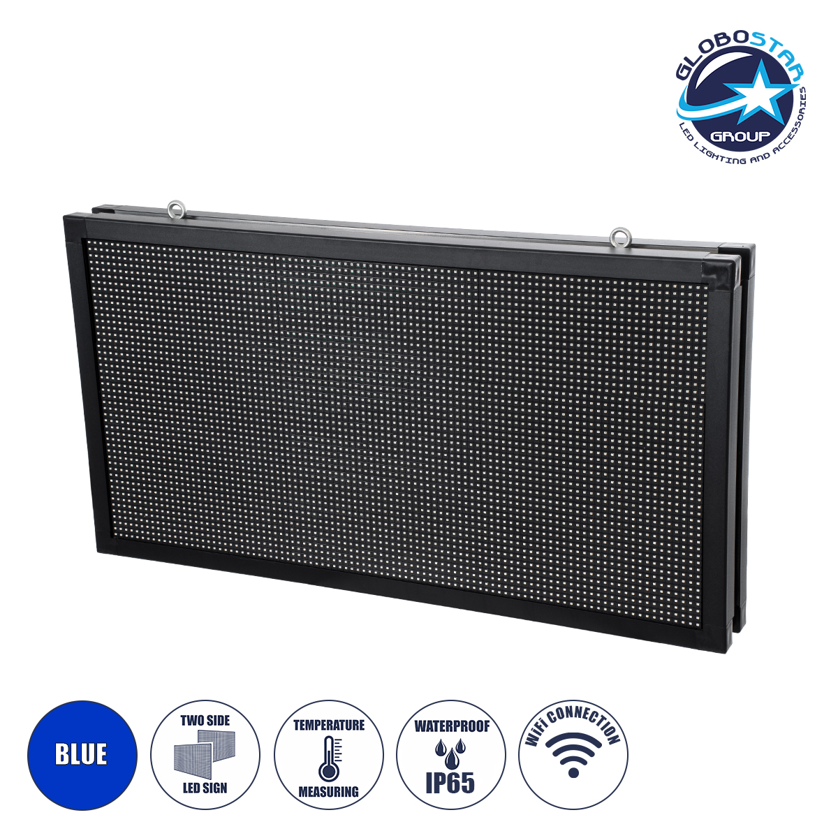 90814_1 GLOBOSTAR® DISPLAY 90814 Κυλιόμενη Ψηφιακή Επιγραφή 96x48cm P10 Διπλής Όψης LED AC 220-240V Αδιάβροχο IP65 Μπλε - WiFi Control μέσω FK APP - Αισθητήρας Θερμοκρασίας & Υγρασίας - Μ102 x Π11 x Υ54.5cm - 2 Χρόνια Εγγύηση - Image 1
