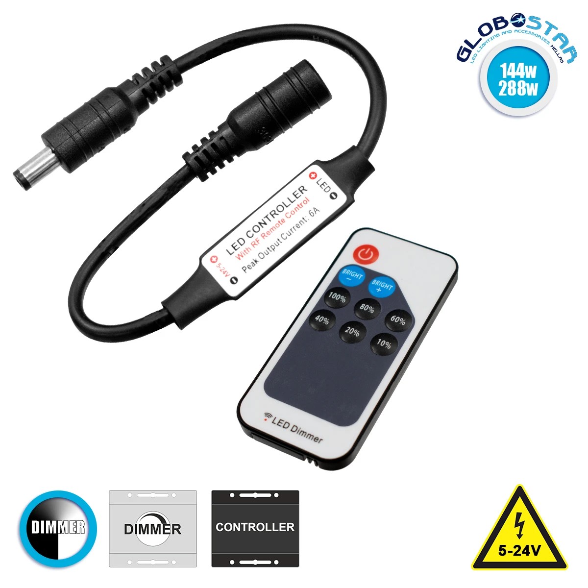 04035_001 GLOBOSTAR® DIMMEROLI 73308 Dimmer με RF Ασύρματο Χειριστήριο με 1 x 6A 144W Κανάλι DC 5-24V 6A 144W Max IP20 - RF2.4Ghz - Μ5.5 x Π5 x Υ1.3cm - 2 Χρόνια Εγγύηση - Image 1