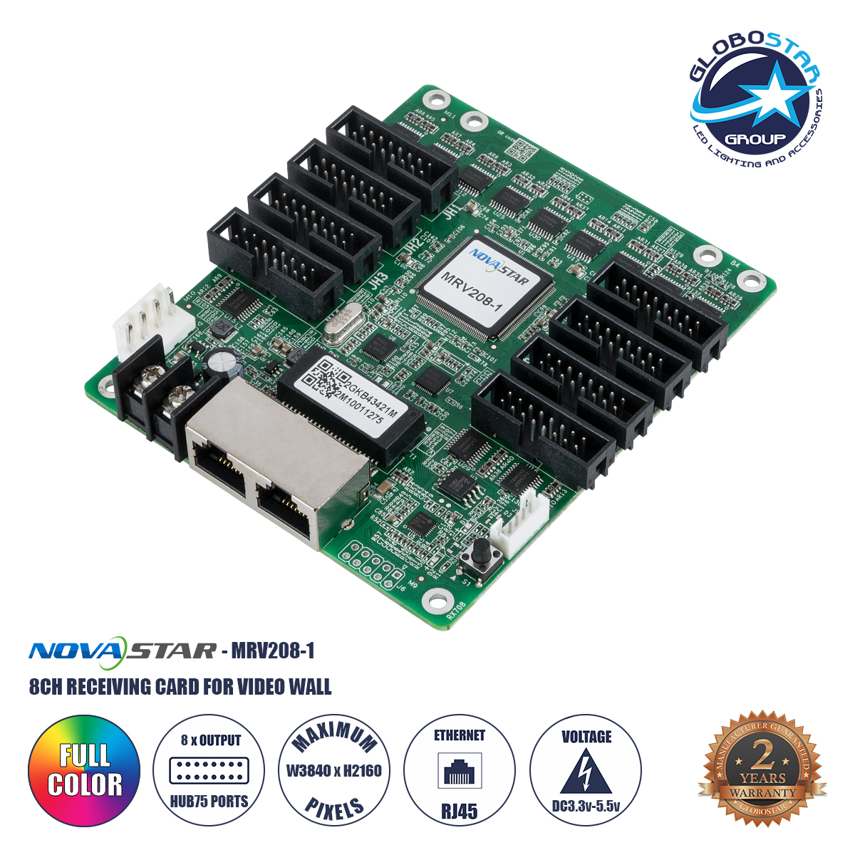 41021_1 GLOBOSTAR® MRV208-1 41021 Novastar MRV208-N Receiving Card για Οθόνες LED Video Wall 8 x HUB75E με Loading Capacity σε Pixel 256 x 256px - Gigabit Network Ethernet Input & Output Ports - DC 5V IP20 - Μ11 x Π9.7 x Υ1.5cm - 2 Χρόνια Εγγύηση - Image 1