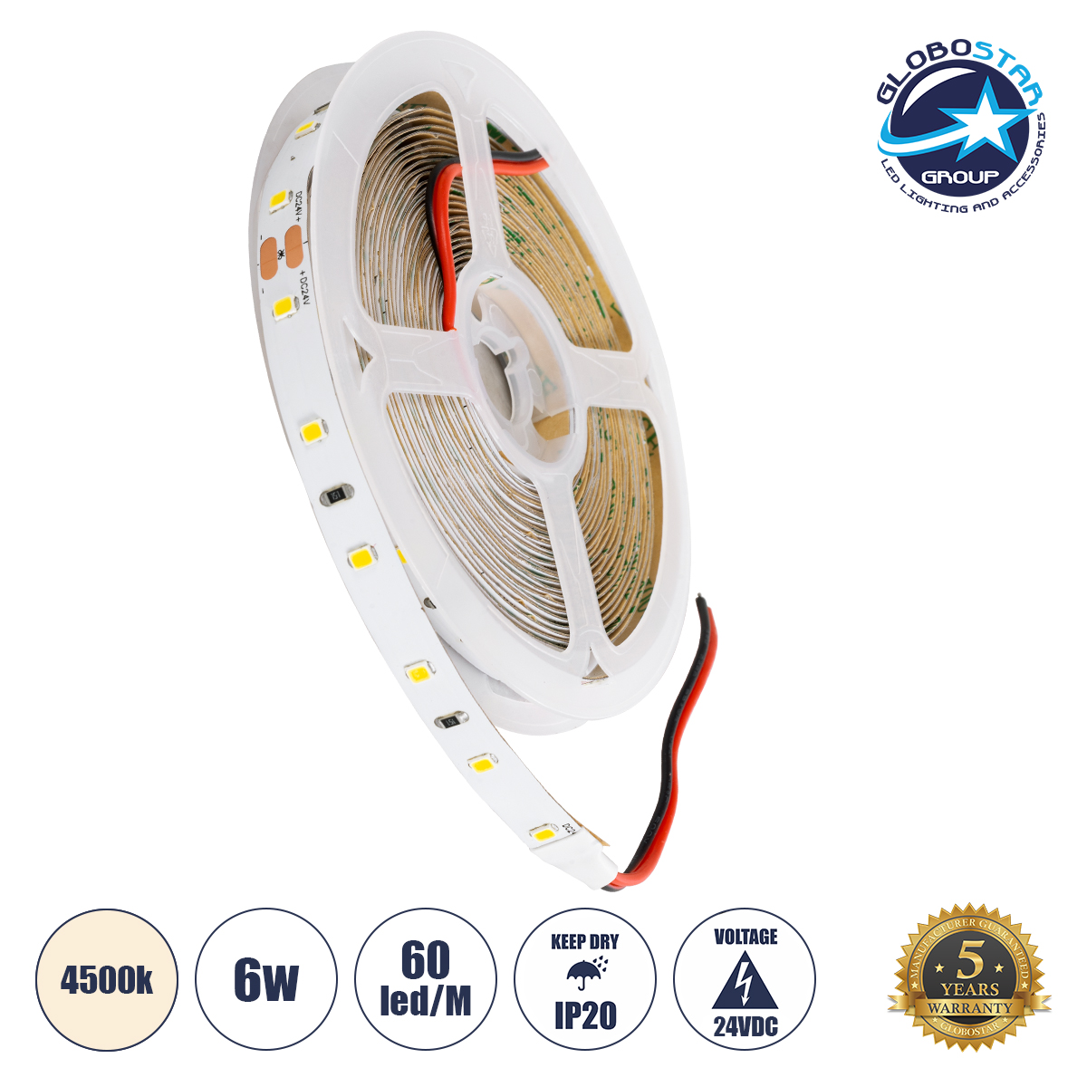 70201_1 GLOBOSTAR® LILAC 70201 Ταινία LED 6W/m 600lm/m 120° DC 24V IP20 60 x SMD2835 Chip/m Φυσικό Λευκό 4500K Dimmable - Sanan SMD Chip - Μ500 x Π0.8 x Υ0.1cm - Ρολό 5 Μέτρων - 5 Χρόνια Εγγύηση - Image 1