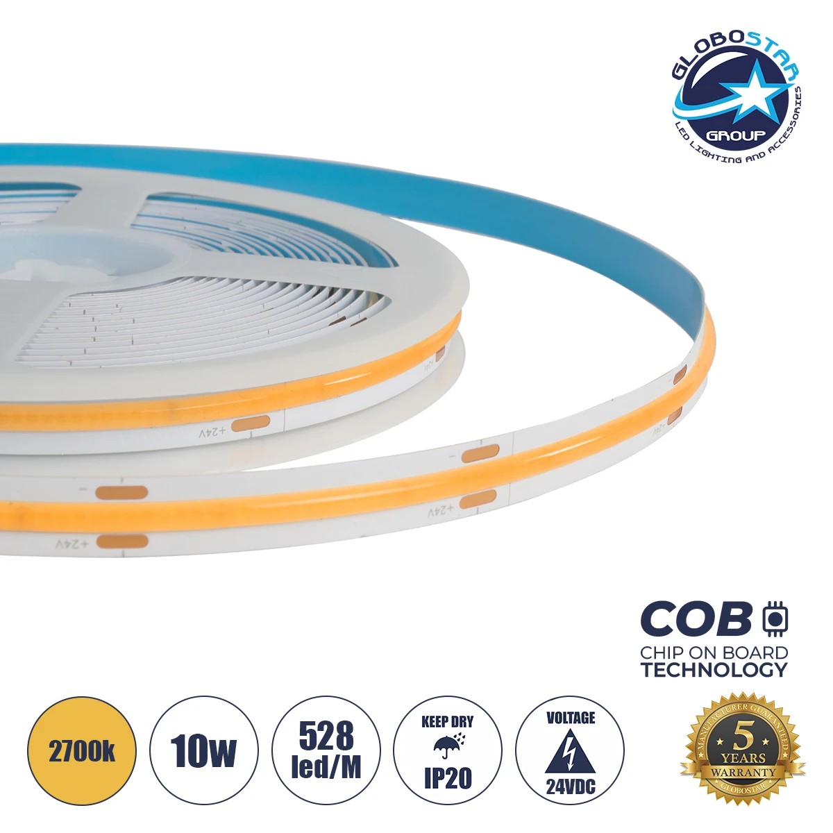 70352_1 GLOBOSTAR® BEE 70352 Ταινία LED 10W/m 900lm/m 120° DC 24V IP20 528 x COB Chip/m Θερμό Λευκό 2700K Dimmable - Sanan COB Chip - Μ500 x Π1 x Υ0.2cm - Ρολό 5 Μέτρων - 5 Χρόνια Εγγύηση - Image 1