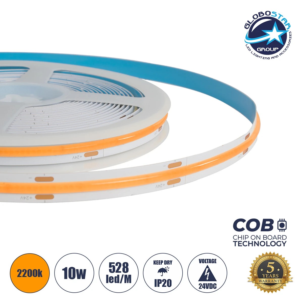 70353_1 GLOBOSTAR® BEE 70353 Ταινία LED 10W/m 800lm/m 120° DC 24V IP20 528 x COB Chip/m Ultra Θερμό Λευκό 2200K Dimmable - Sanan COB Chip - Μ500 x Π1 x Υ0.2cm - Ρολό 5 Μέτρων - 5 Χρόνια Εγγύηση - Image 1
