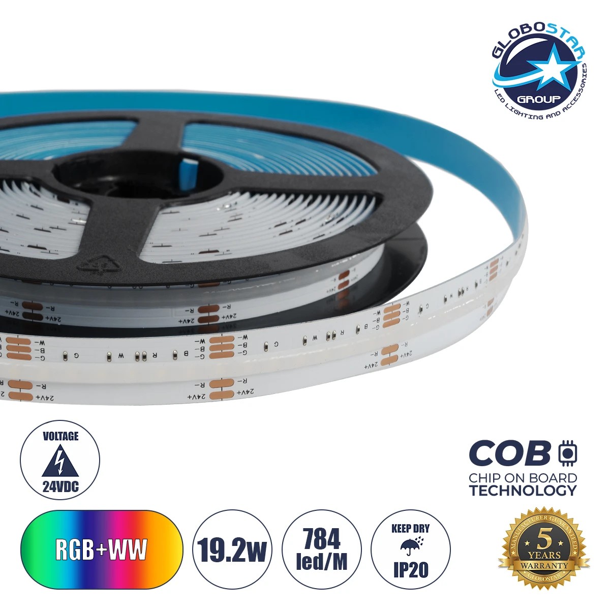 70354_1 GLOBOSTAR® BEE 70354 Ταινία LED 19.2W/m 1728lm/m 120° DC 24V IP20 784 x COB Chip/m Πολύχρωμο RGB+WW Dimmable - Sanan COB Chip - Μ500 x Π1.2 x Υ0.2cm - Ρολό 5 Μέτρων - 5 Χρόνια Εγγύηση - Image 1