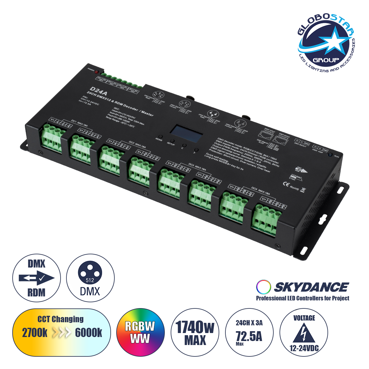70673_1 GLOBOSTAR® SKYDANCE-D24A 70673 DC DMX Master Dimmer / Controller / Decoder Υψηλής Ταχύτητας με 24 x 3A 72W Κανάλια DC 12-24V 72.5A 1740W Max IP20 - DMX512 & RDM - Μ16.7 x Π5 x Υ2.4cm - 5 Χρόνια Εγγύηση - Image 1