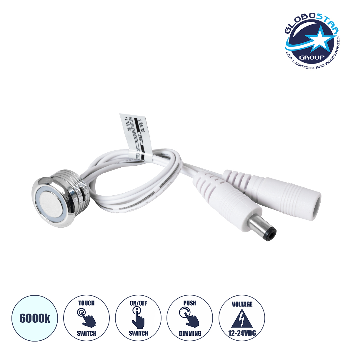 70790_1 GLOBOSTAR® BUTTON 70790 Φωτιζόμενος Χωνευτός Διακόπτης Αφής On/Off & Push Dimming LED DC 12-24V 1 x 4A 96W Max IP20 Ψυχρό Λευκό 6000K - Μ2 x Π2 x Υ1.2cm - 2 Χρόνια Εγγύηση - Image 1